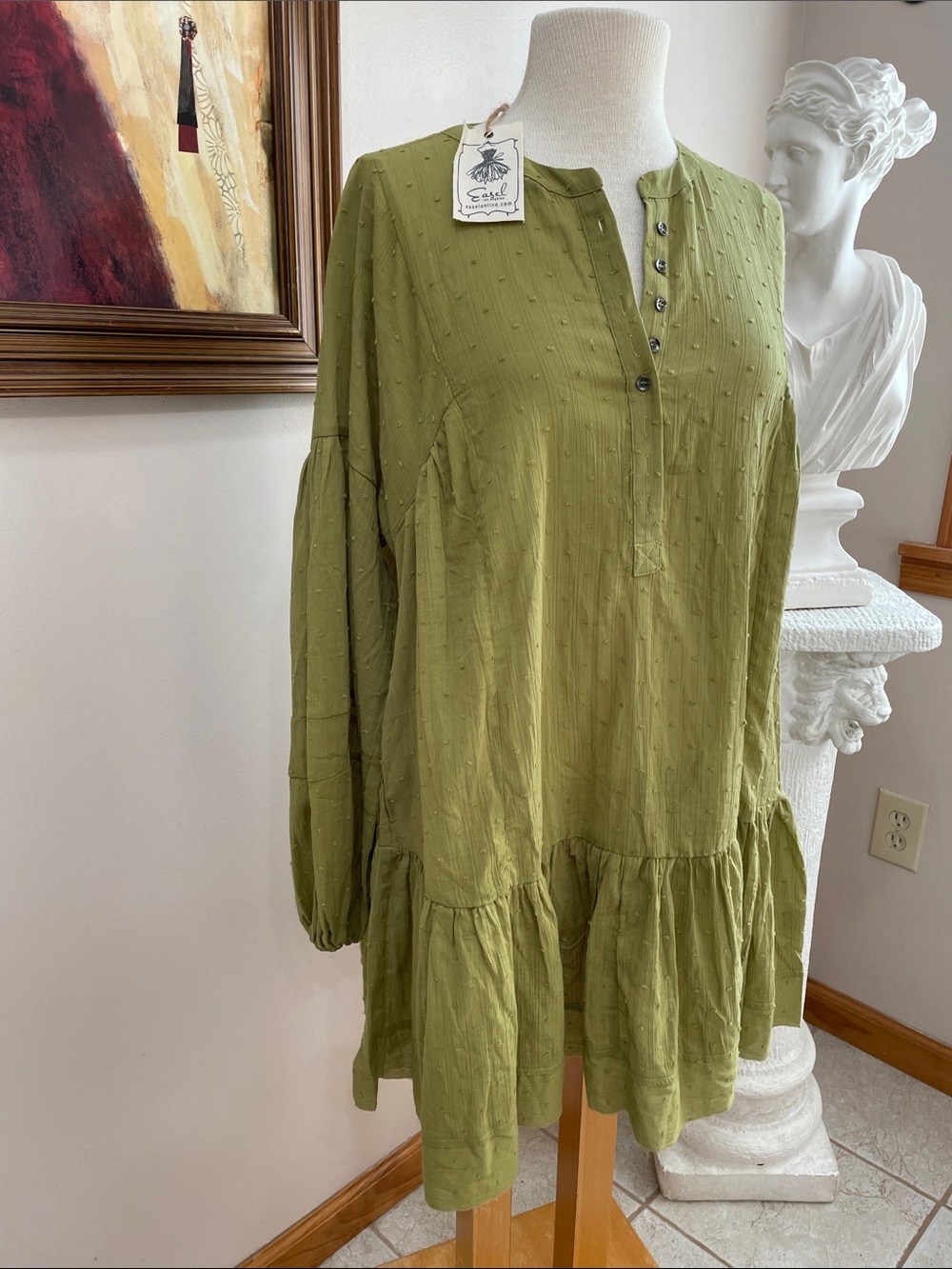 Easel Olive Green Eyelet Gauzy Short Dress Long Sleeve Shear M NWT OVERSIZED